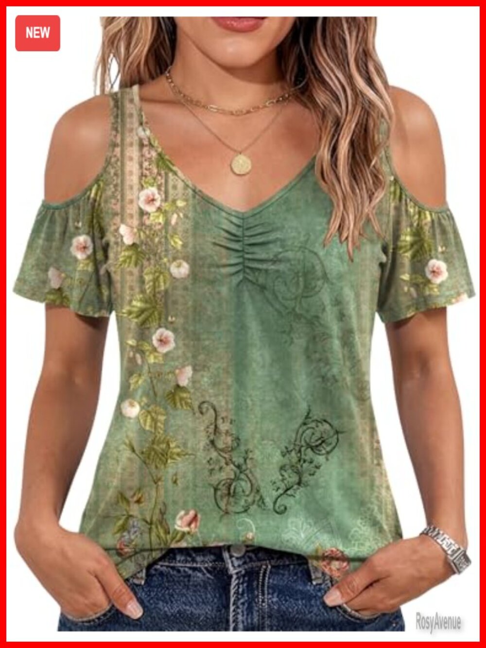 Women's Cold Shoulder Ruffle Sleeve V-Neck Blouse Tunic Top Summer